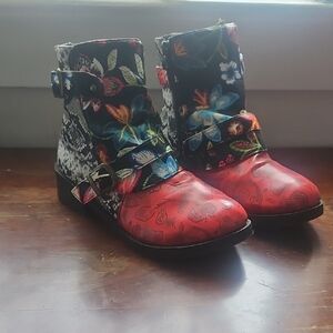 Floral Red Ankle Boots